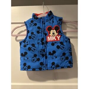 Disney Kids Puffer Vest Size 18M Blue Black Mickey Mouse All Over Print Full Zip